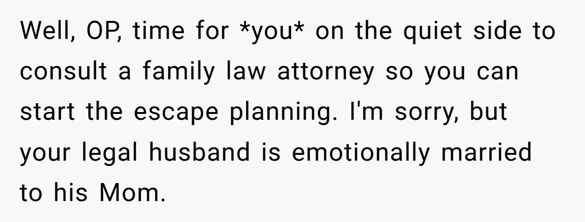 Well, OP, time for *you* on the quiet side to consult a family law attorney so you can start the escape planning. I'm sorry, but your legal husband is emotionally...