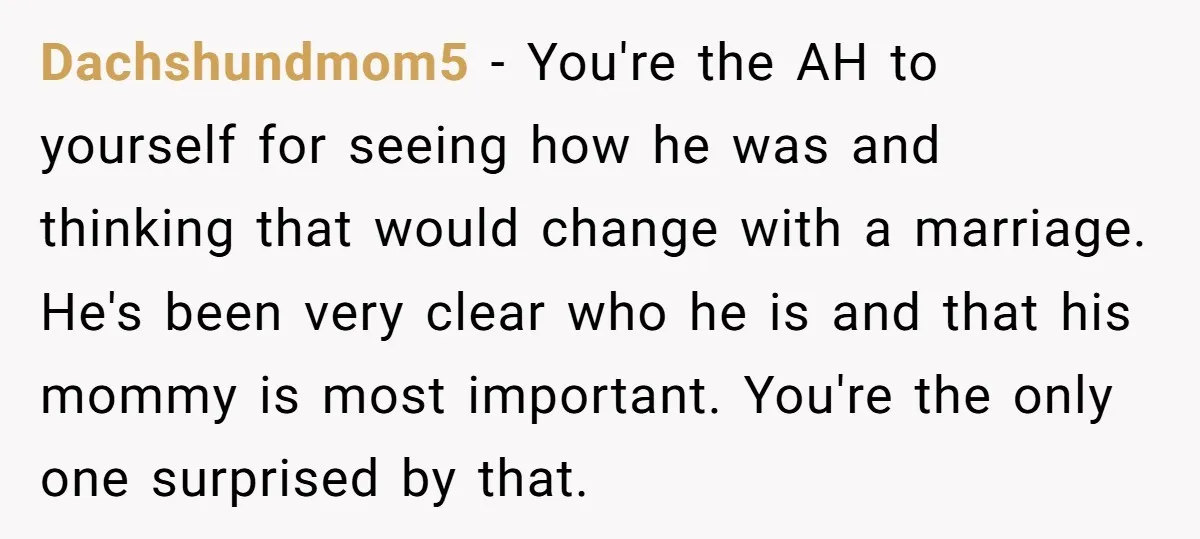 Dachshundmom5 − You're the AH to yourself for seeing how he was and thinking that would change with a marriage. He's been very clear who he is and that his...
