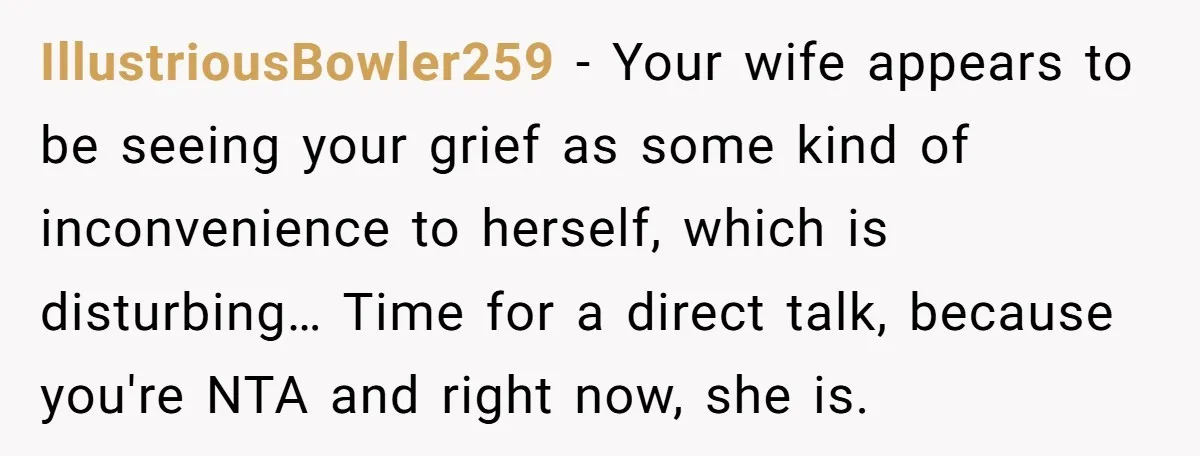 IllustriousBowler259 − Your wife appears to be seeing your grief as some kind of inconvenience to herself, which is disturbing… Time for a direct talk, because you're NTA and right...