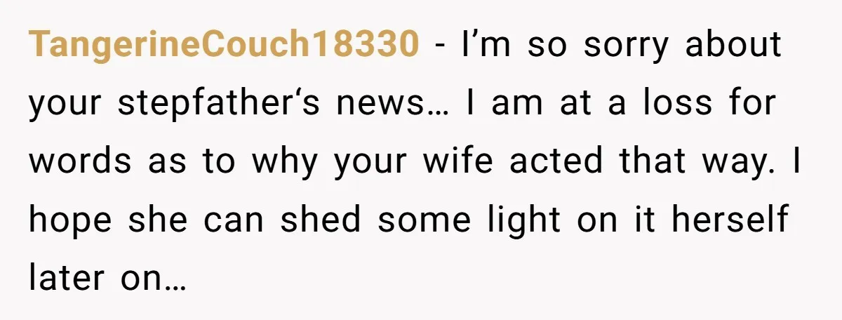 TangerineCouch18330 − I’m so sorry about your stepfather‘s news… I am at a loss for words as to why your wife acted that way. I hope she can shed some...