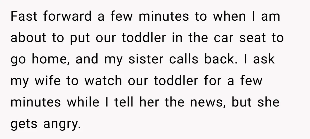Fast forward a few minutes to when I am about to put our toddler in the car seat to go home, and my sister calls back. I ask my wife...