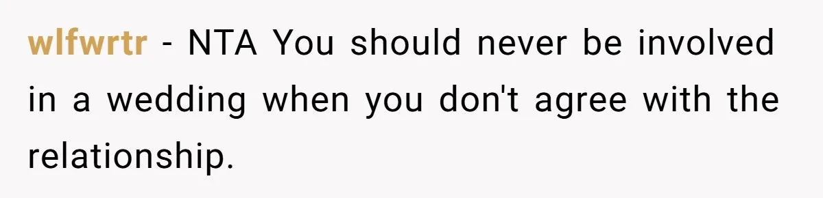 wlfwrtr − NTA You should never be involved in a wedding when you don't agree with the relationship.