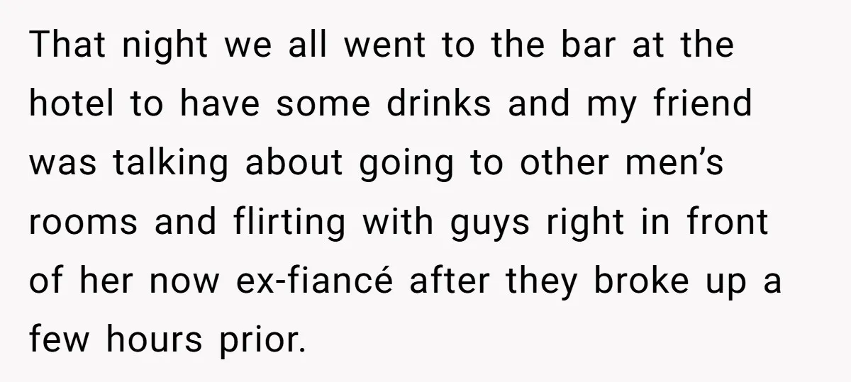 That night we all went to the bar at the hotel to have some drinks and my friend was talking about going to other men’s rooms and flirting with guys...