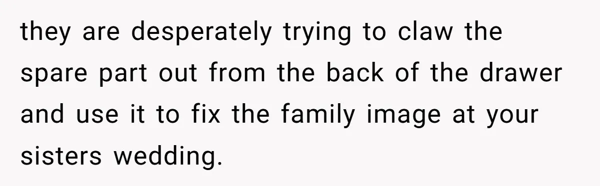 they are desperately trying to claw the spare part out from the back of the drawer and use it to fix the family image at your sisters wedding.