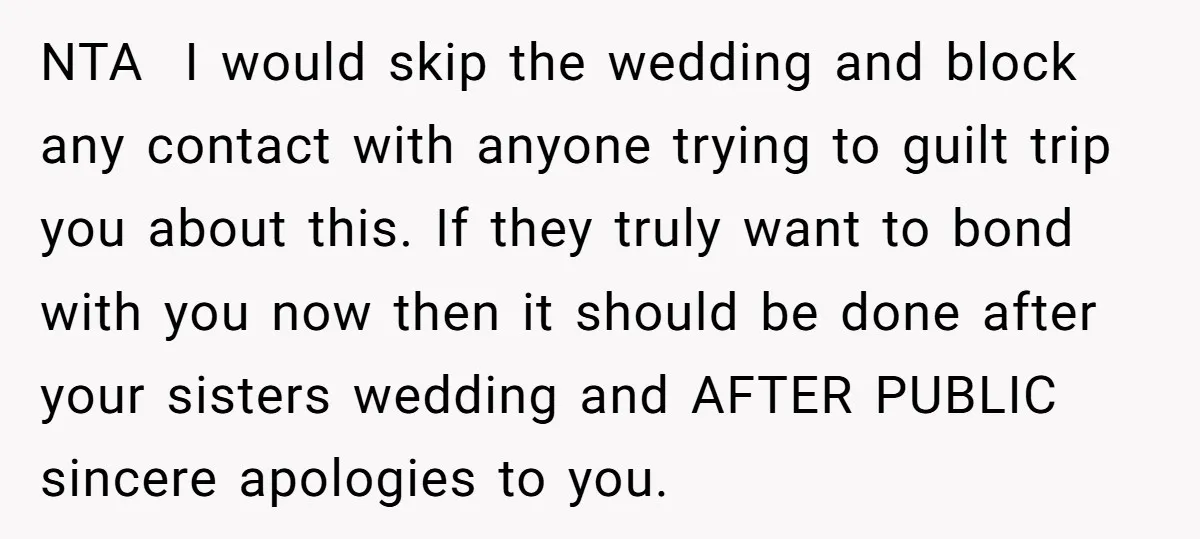 NTA I would skip the wedding and block any contact with anyone trying to guilt trip you about this. If they truly want to bond with you now then it...