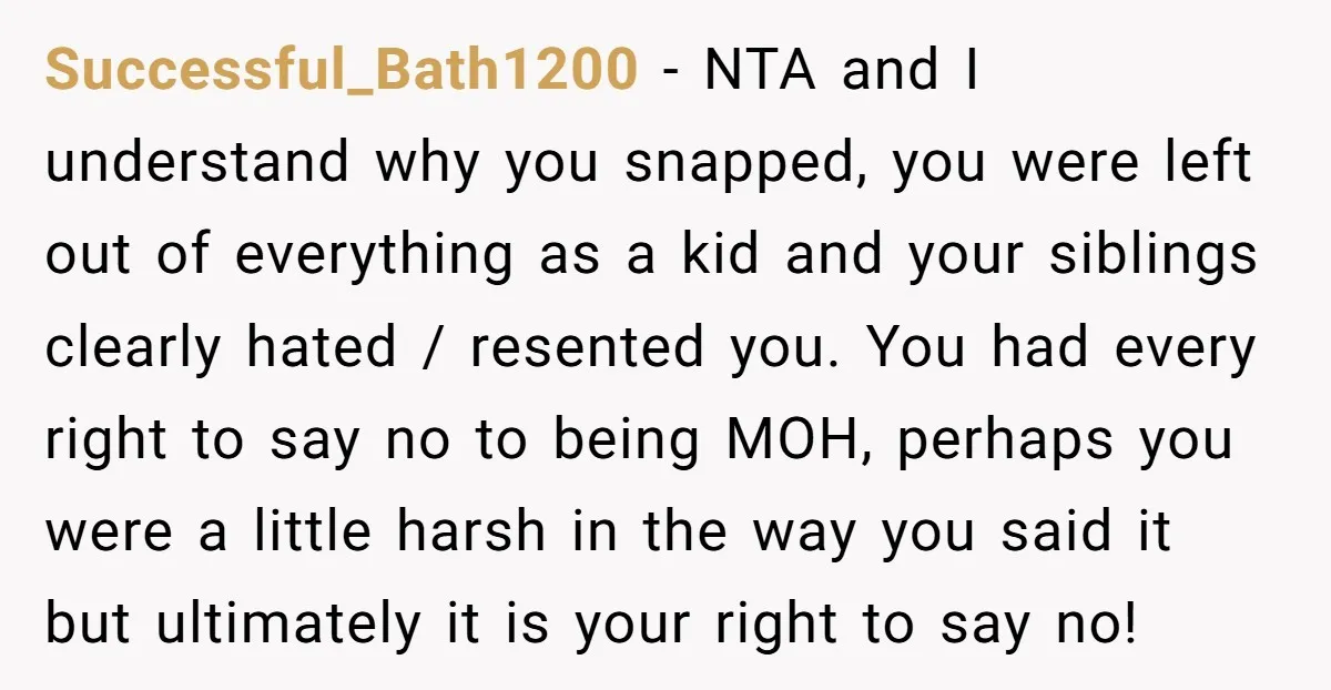 Successful_Bath1200 − NTA and I understand why you snapped, you were left out of everything as a kid and your siblings clearly hated / resented you. You had every right...