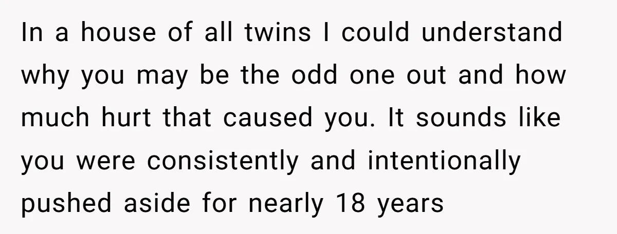 In a house of all twins I could understand why you may be the odd one out and how much hurt that caused you. It sounds like you were consistently...