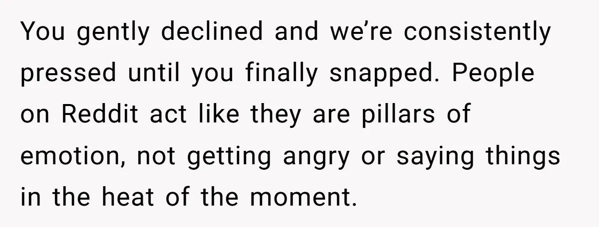 You gently declined and we’re consistently pressed until you finally snapped. People on Reddit act like they are pillars of emotion, not getting angry or saying things in the heat...