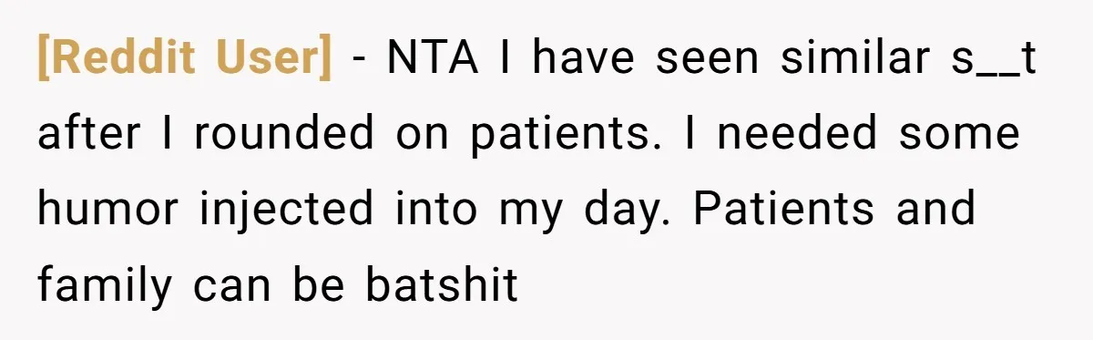 [Reddit User] − NTA I have seen similar s__t after I rounded on patients. I needed some humor injected into my day. Patients and family can be batshit