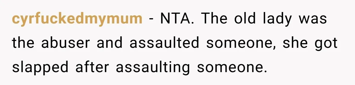 cyrfuckedmymum − NTA. The old lady was the abuser and assaulted someone, she got slapped after assaulting someone.