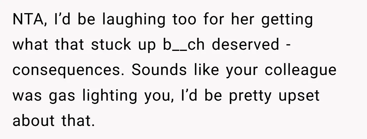 NTA, I’d be laughing too for her getting what that stuck up b__ch deserved - consequences. Sounds like your colleague was gas lighting you, I’d be pretty upset about that.