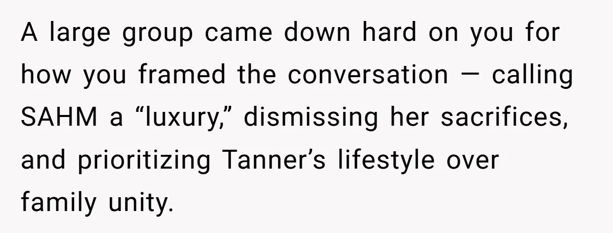 A large group came down hard on you for how you framed the conversation — calling SAHM a “luxury,” dismissing her sacrifices, and prioritizing Tanner’s lifestyle over family unity.