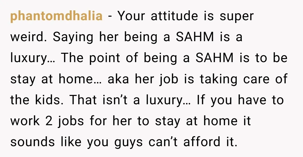 phantomdhalia − Your attitude is super weird. Saying her being a SAHM is a luxury… The point of being a SAHM is to be stay at home… aka her job...