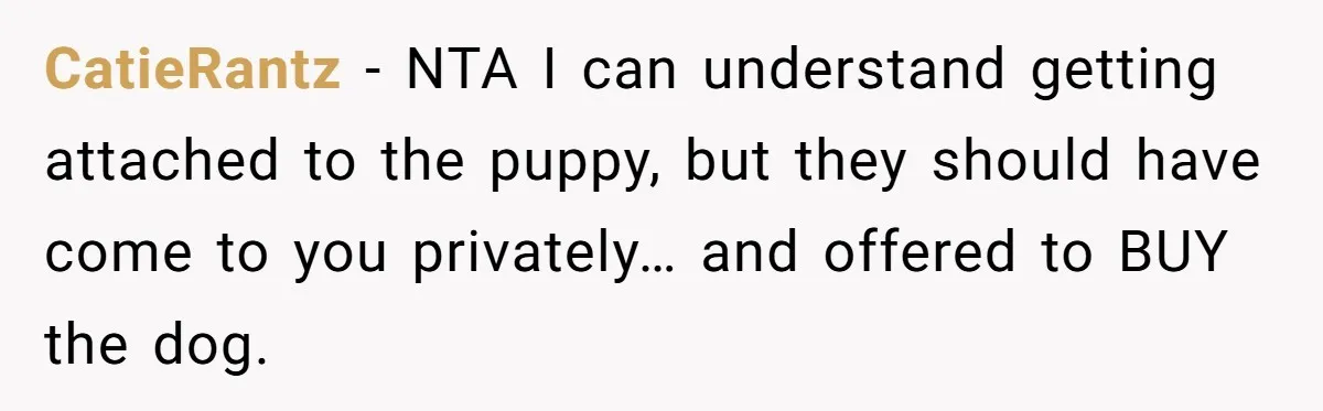 CatieRantz − NTA I can understand getting attached to the puppy, but they should have come to you privately… and offered to BUY the dog.