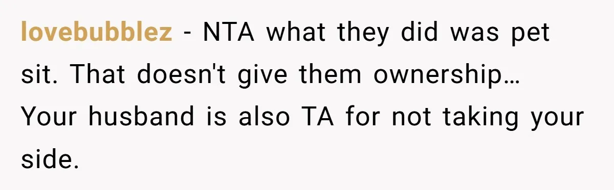 lovebubblez − NTA what they did was pet sit. That doesn't give them ownership… Your husband is also TA for not taking your side.