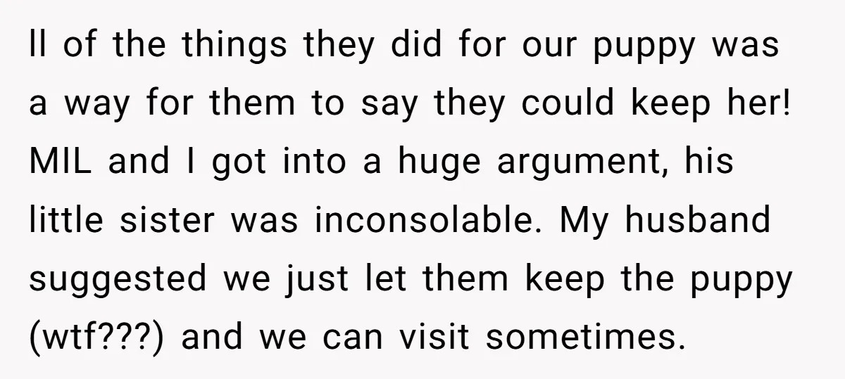 ll of the things they did for our puppy was a way for them to say they could keep her! MIL and I got into a huge argument, his little...