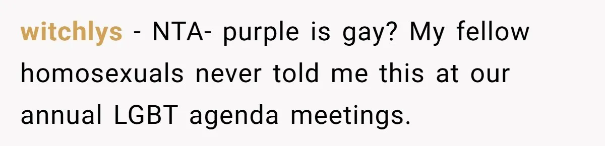 witchlys − NTA- purple is gay? My fellow homosexuals never told me this at our annual LGBT agenda meetings.