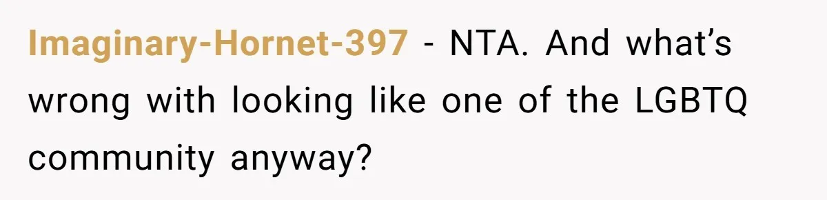 Imaginary-Hornet-397 − NTA. And what’s wrong with looking like one of the LGBTQ community anyway?