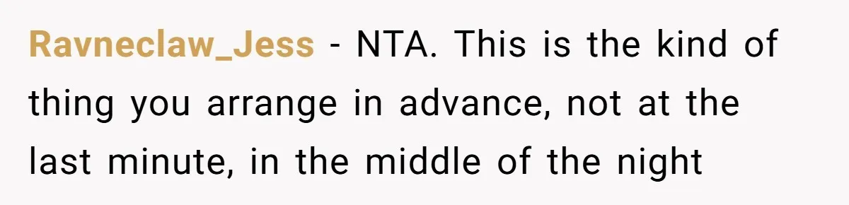 Ravneclaw_Jess − NTA. This is the kind of thing you arrange in advance, not at the last minute, in the middle of the night
