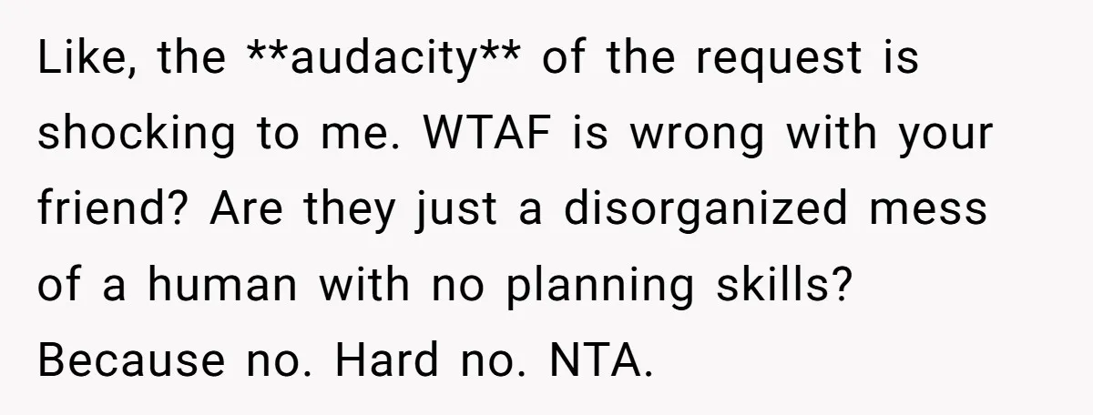 Like, the **audacity** of the request is shocking to me. WTAF is wrong with your friend? Are they just a disorganized mess of a human with no planning skills? Because...