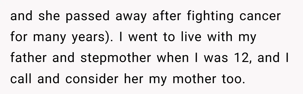 and she passed away after fighting cancer for many years). I went to live with my father and stepmother when I was 12, and I call and consider her my...