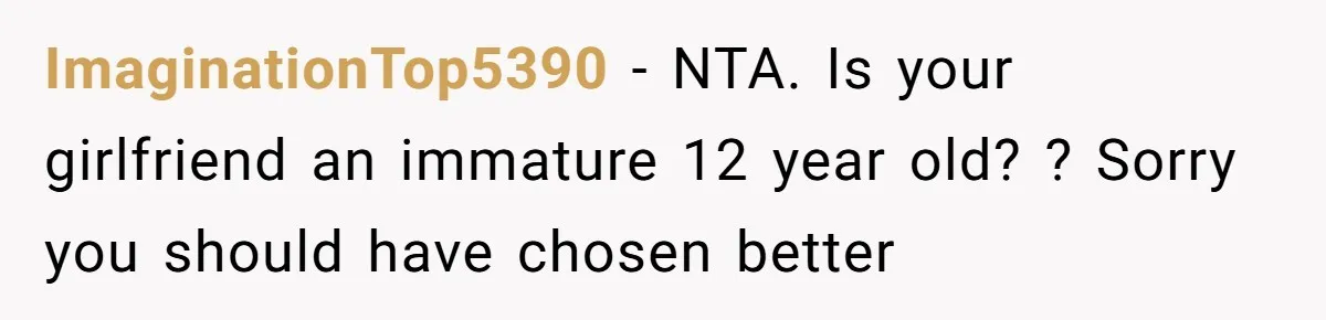 ImaginationTop5390 − NTA. Is your girlfriend an immature 12 year old? ? Sorry you should have chosen better