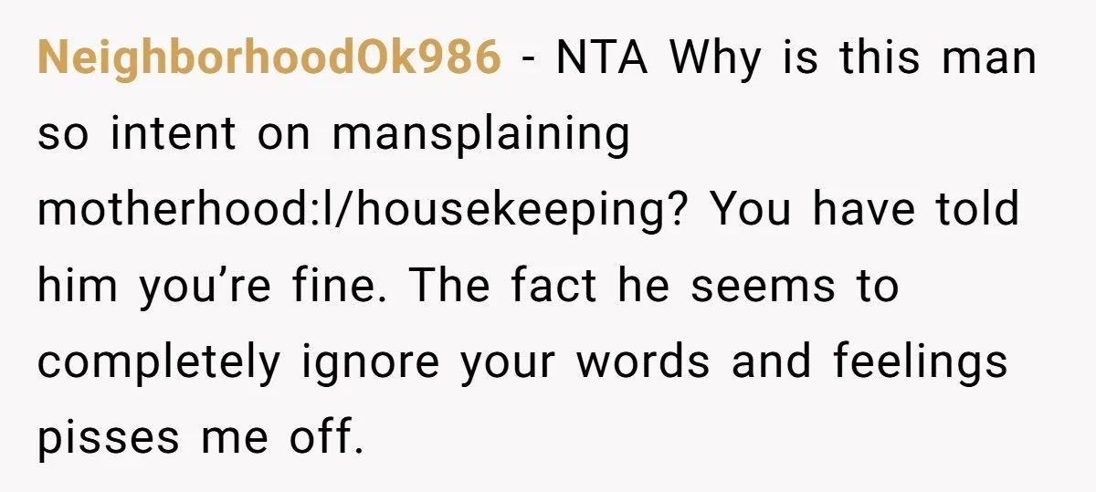 NeighborhoodOk986 − NTA Why is this man so intent on mansplaining motherhood:l/housekeeping? You have told him you’re fine. The fact he seems to completely ignore your words and feelings pisses...