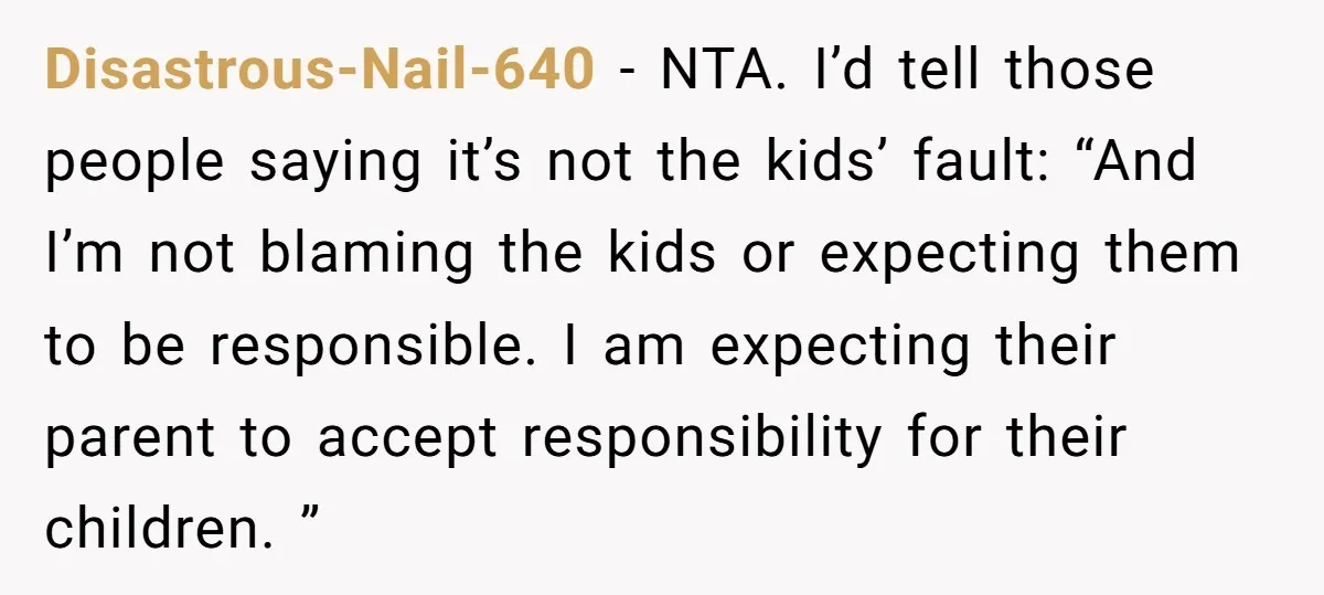 Disastrous-Nail-640 − NTA. I’d tell those people saying it’s not the kids’ fault: “And I’m not blaming the kids or expecting them to be responsible. I am expecting their parent...