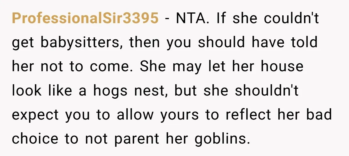 ProfessionalSir3395 − NTA. If she couldn't get babysitters, then you should have told her not to come. She may let her house look like a hogs nest, but she shouldn't...