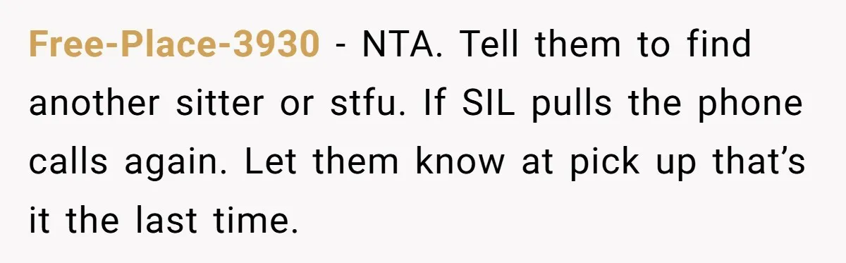 Free-Place-3930 − NTA. Tell them to find another sitter or stfu. If SIL pulls the phone calls again. Let them know at pick up that’s it the last time.