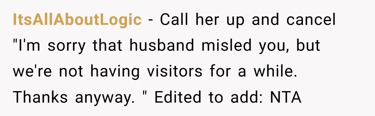 ItsAllAboutLogic − Call her up and cancel "I'm sorry that husband misled you, but we're not having visitors for a while. Thanks anyway. " Edited to add: NTA