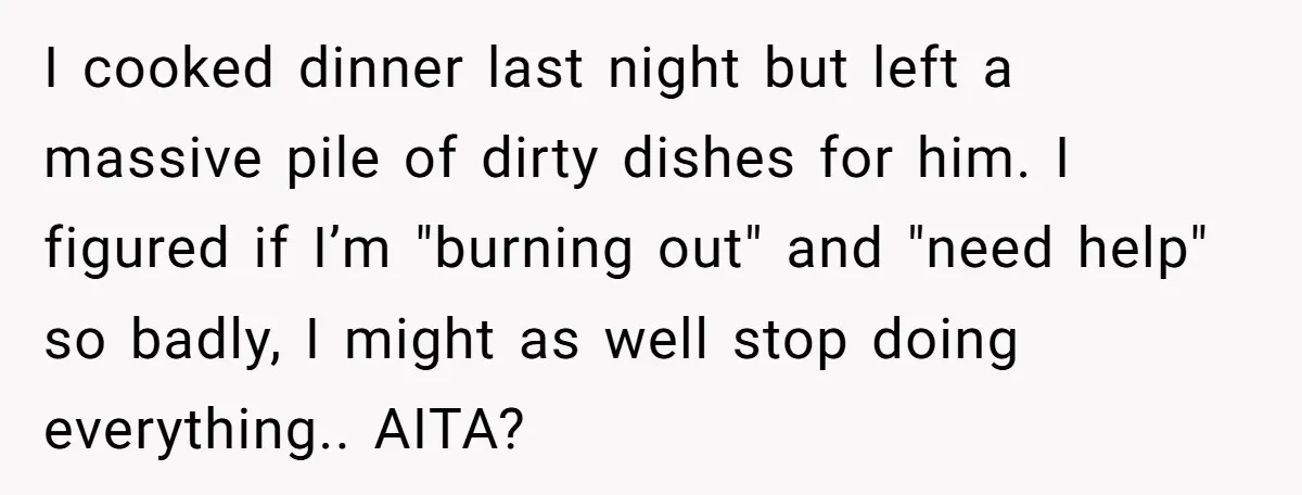 I cooked dinner last night but left a massive pile of dirty dishes for him. I figured if I’m "burning out" and "need help" so badly, I might as well...