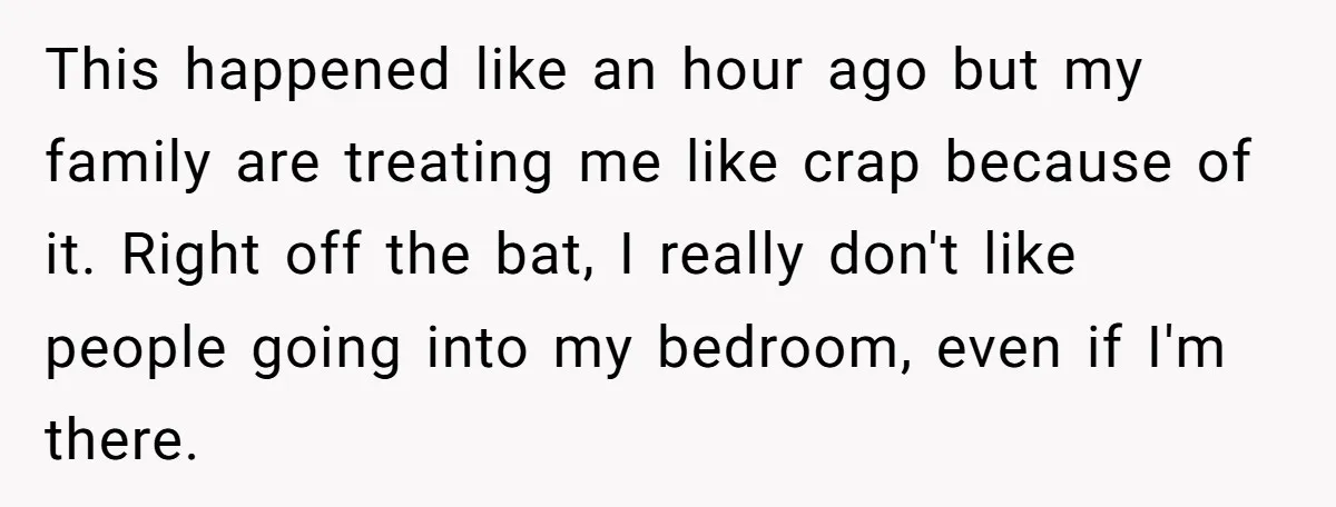 This happened like an hour ago but my family are treating me like crap because of it. Right off the bat, I really don't like people going into my bedroom,...