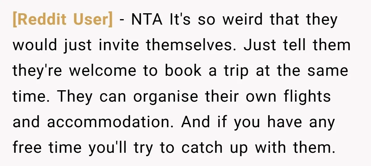 [Reddit User] − NTA It's so weird that they would just invite themselves. Just tell them they're welcome to book a trip at the same time. They can organise their...