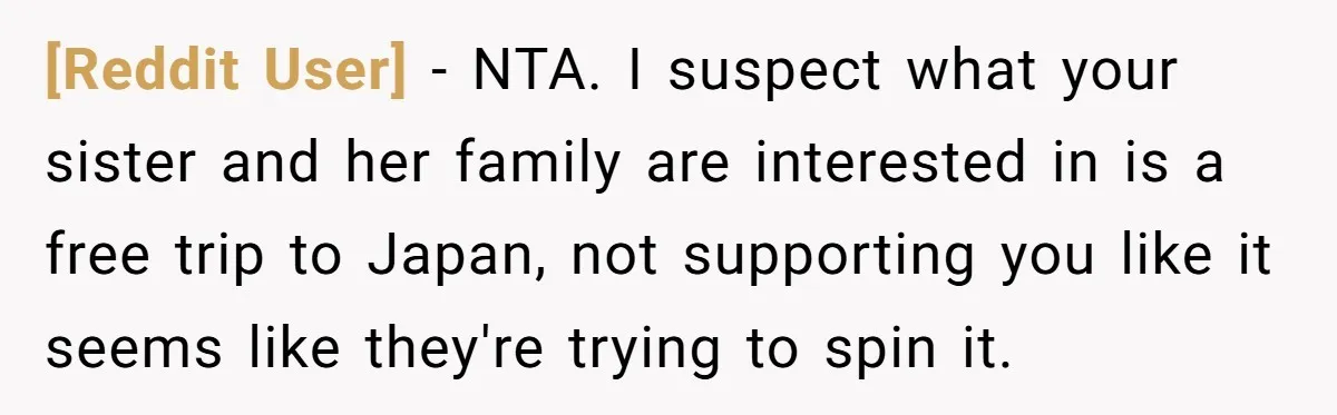 [Reddit User] − NTA. I suspect what your sister and her family are interested in is a free trip to Japan, not supporting you like it seems like they're trying...