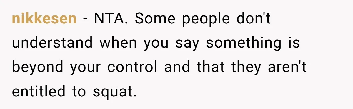 nikkesen − NTA. Some people don't understand when you say something is beyond your control and that they aren't entitled to squat.