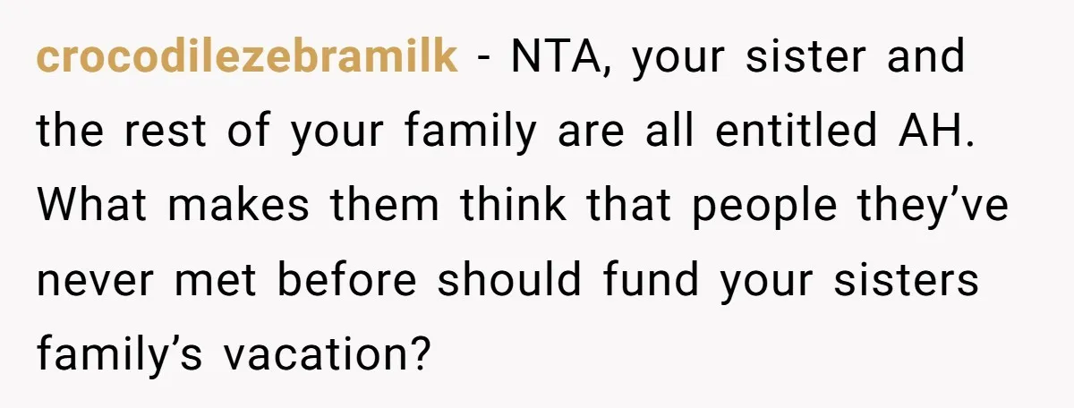 crocodilezebramilk − NTA, your sister and the rest of your family are all entitled AH. What makes them think that people they’ve never met before should fund your sisters family’s...
