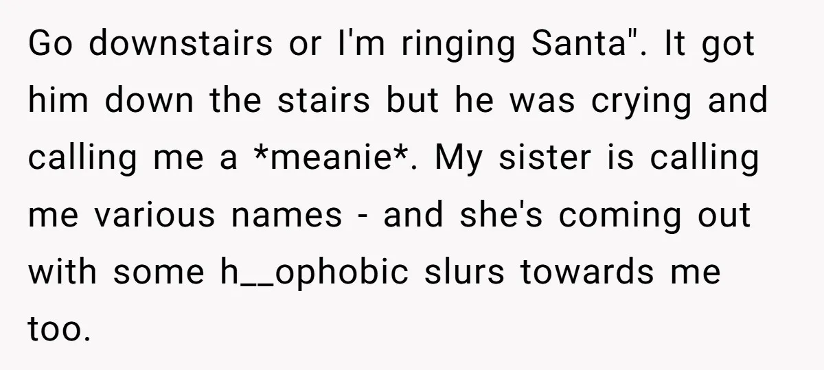 Go downstairs or I'm ringing Santa". It got him down the stairs but he was crying and calling me a *meanie*. My sister is calling me various names - and...
