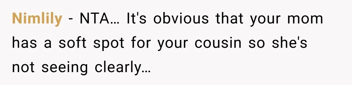 Nimlily - NTA… It's obvious that your mom has a soft spot for your cousin so she's not seeing clearly…