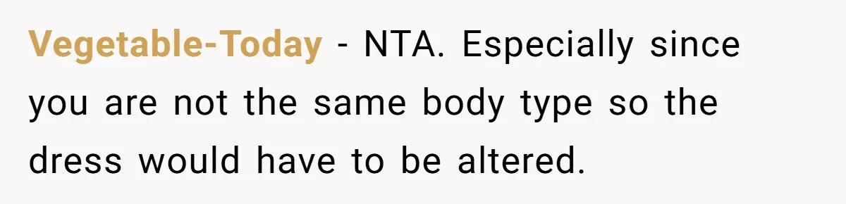 Vegetable-Today - NTA. Especially since you are not the same body type so the dress would have to be altered.