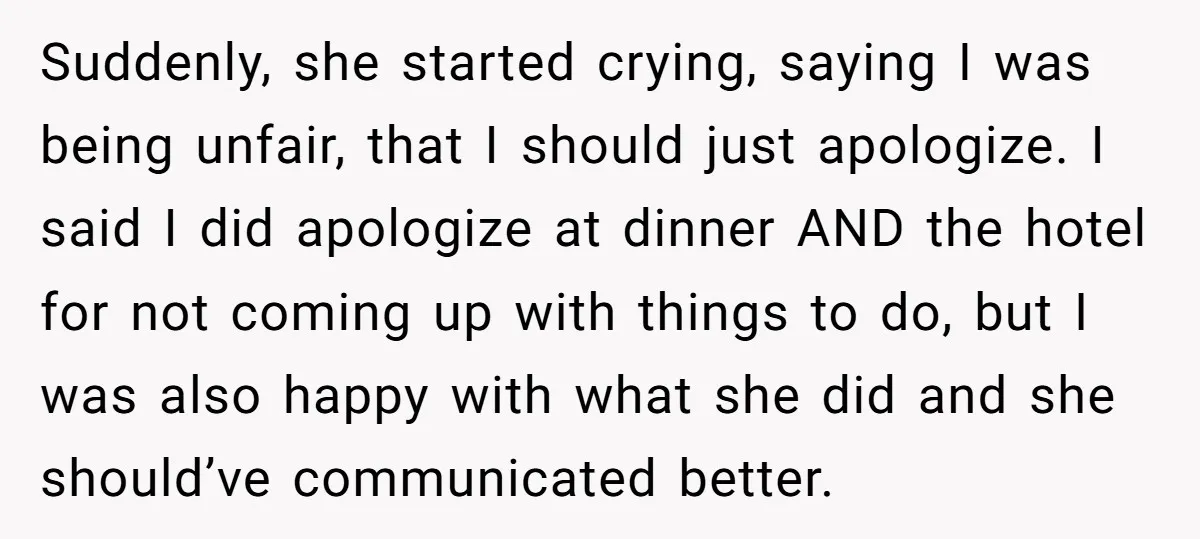 Suddenly, she started crying, saying I was being unfair, that I should just apologize. I said I did apologize at dinner AND the hotel for not coming up with things...