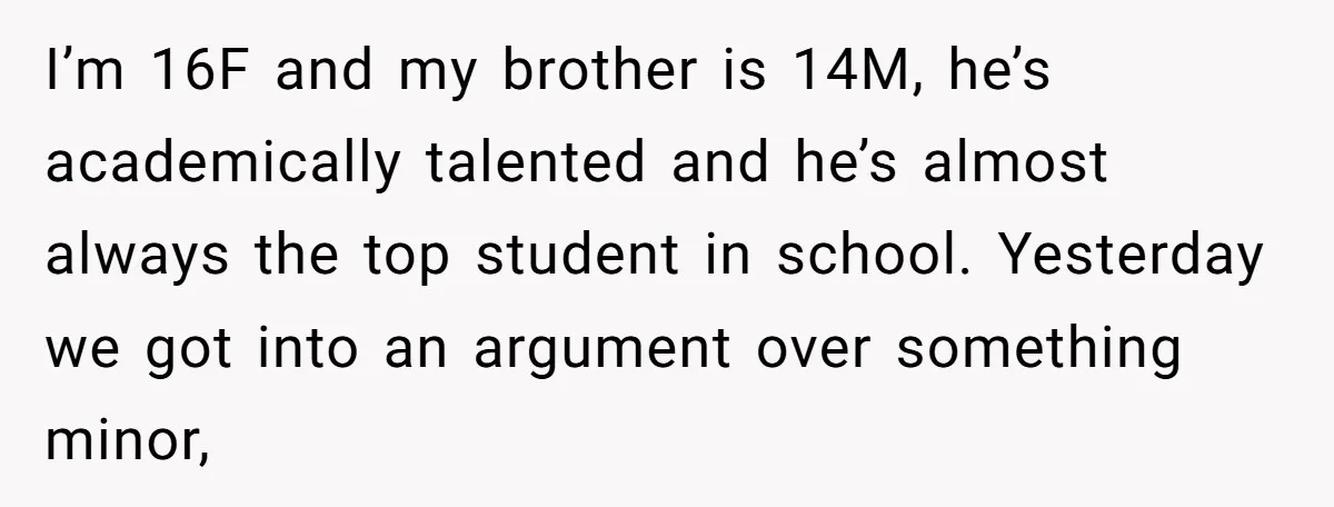 I’m 16F and my brother is 14M, he’s academically talented and he’s almost always the top student in school. Yesterday we got into an argument over something minor,