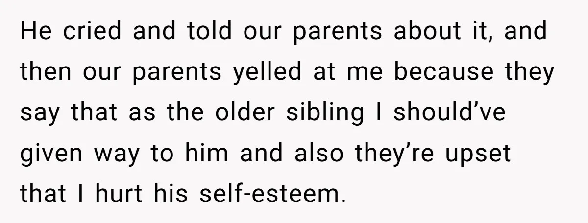 He cried and told our parents about it, and then our parents yelled at me because they say that as the older sibling I should’ve given way to him and...