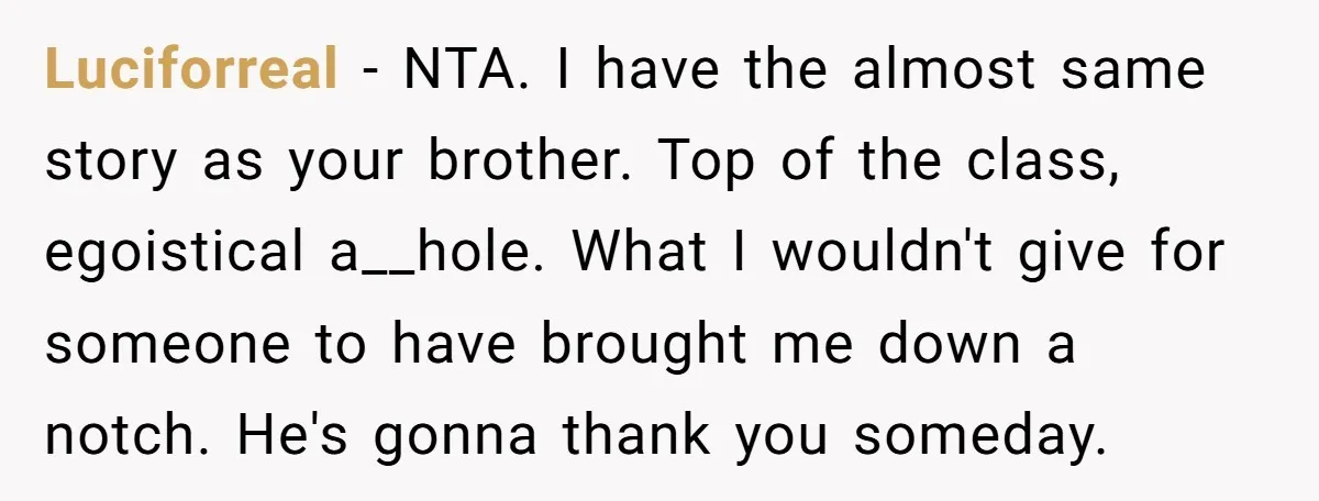 Luciforreal − NTA. I have the almost same story as your brother. Top of the class, egoistical a__hole. What I wouldn't give for someone to have brought me down a...