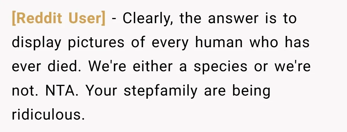 [Reddit User] − Clearly, the answer is to display pictures of every human who has ever died. We're either a species or we're not. NTA. Your stepfamily are being ridiculous.