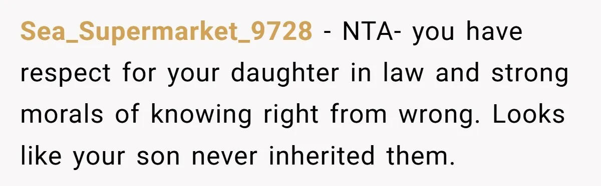 Sea_Supermarket_9728 − NTA- you have respect for your daughter in law and strong morals of knowing right from wrong. Looks like your son never inherited them.