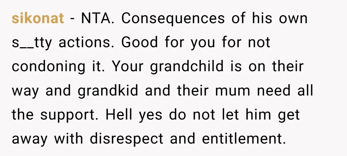 sikonat − NTA. Consequences of his own s__tty actions. Good for you for not condoning it. Your grandchild is on their way and grandkid and their mum need all the...