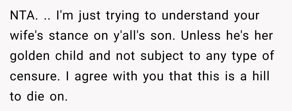 NTA. .. I'm just trying to understand your wife's stance on y'all's son. Unless he's her golden child and not subject to any type of censure. I agree with you...