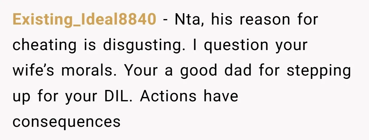 Existing_Ideal8840 − Nta, his reason for cheating is disgusting. I question your wife’s morals. Your a good dad for stepping up for your DIL. Actions have consequences
