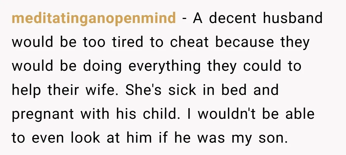 meditatinganopenmind − A decent husband would be too tired to cheat because they would be doing everything they could to help their wife. She's sick in bed and pregnant with...